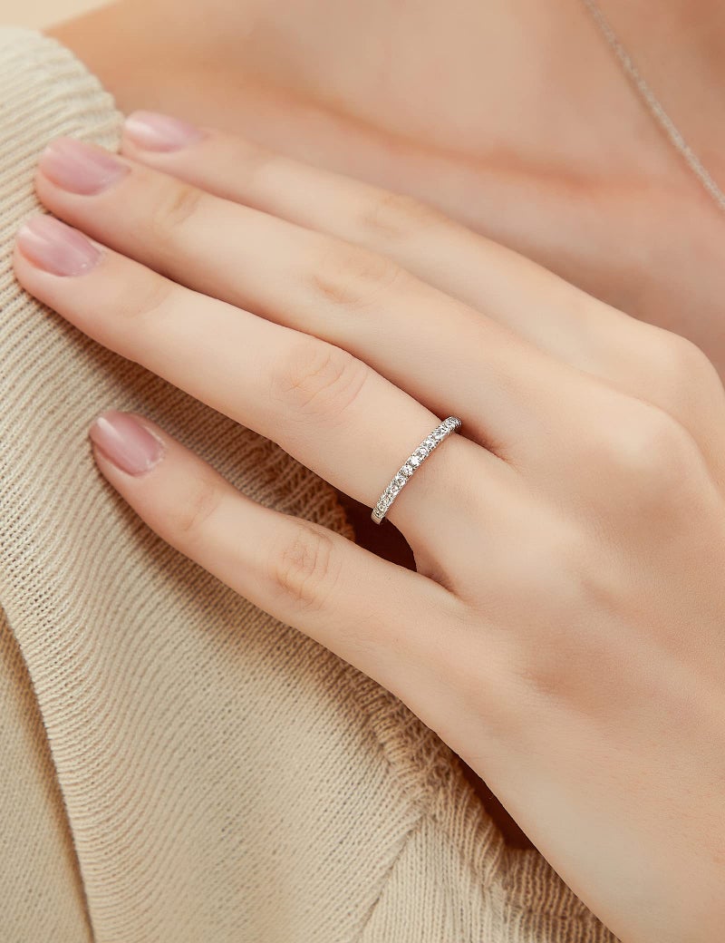 EAMTI 2mm 925 Sterling Silver Wedding Band Cubic Zirconia Half Eternity Stackable Engagement Ring Size 9.5 - Image 4